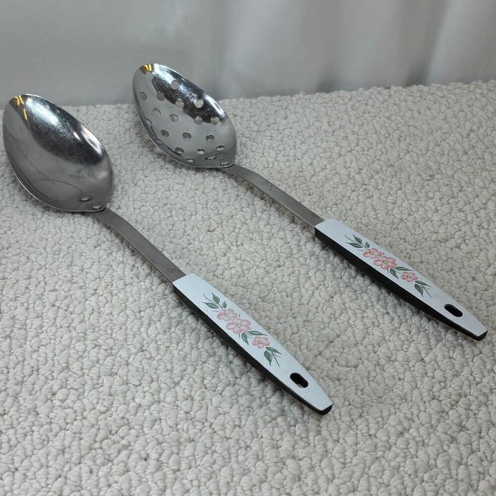 Peach Blossom Slotted & Basting Spoon Set of 2 Vintage Kitchen Utensils Retro